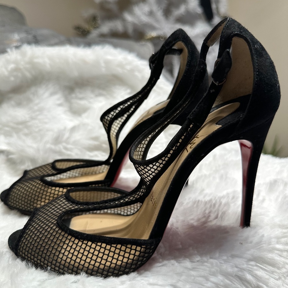 Christian Louboutin Suede Mesh Accents T-Strap Pumps - Picture 3 of 5